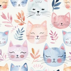 Cute cat faces seamless pattern, Adorable kittens and floral elements, Watercolor illustration for kids, fabrics, textiles, wrapping paper
