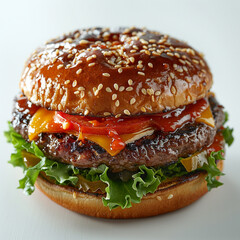 A delicious grilled Angus burger with cheese, lettuce, and tomato on a sesame seed bun. on white background. Made with generative ai