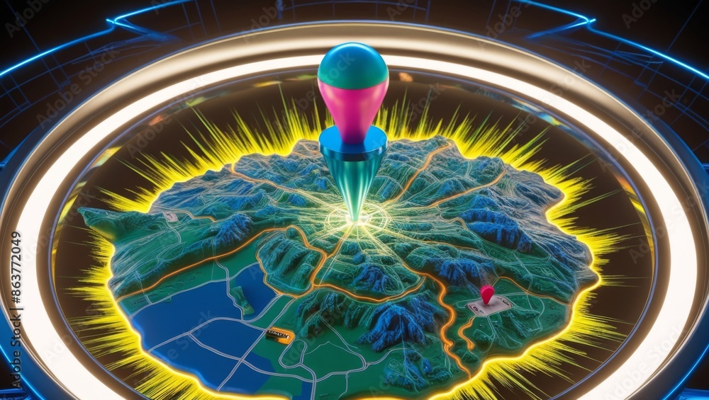 Poster a digital gps map displays a vibrant pin marking a specific location