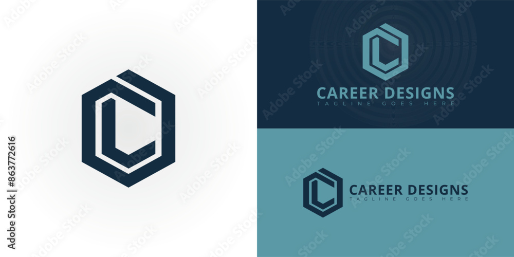 Poster abstract initial hexagon letters cd or dc logo in blue color isolated on multiple background colors.