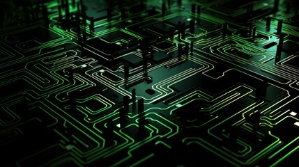 Fototapeta premium Futuristic green circuit board design showcasing minimal symmetry and sleek aesthetics.