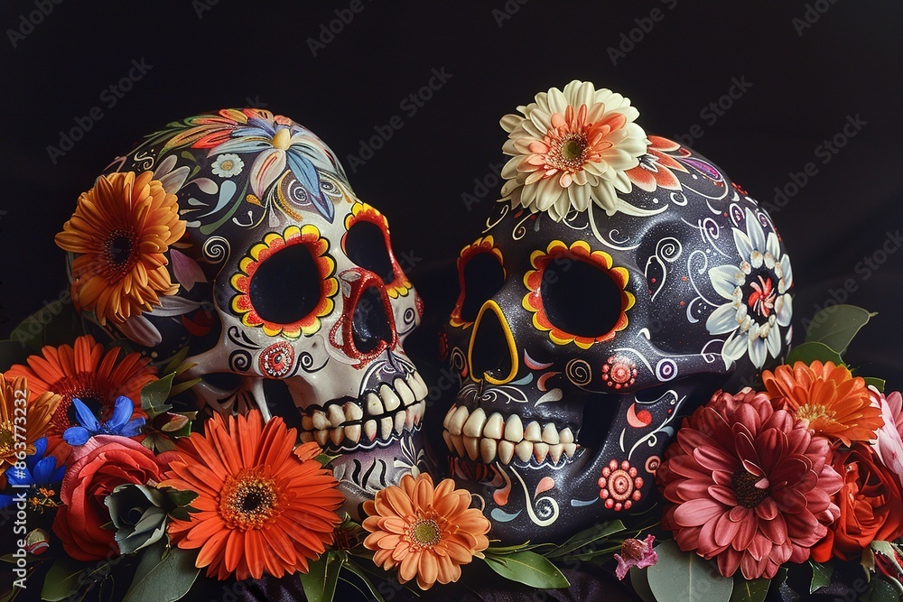 Wall mural Day of the dead beautiful colorful illustration, sugar skull decorated with flowers