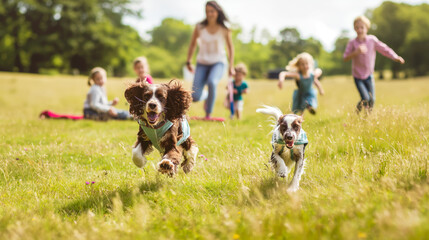 Obraz premium Family picnic day out where children are seen running around with their fluffy spaniel in an open meadow field.