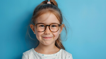 Fototapeta premium A young girl wearing glasses and a ponytail, smiling brightly in front of a blue background, exuding a cheerful and playful vibe.