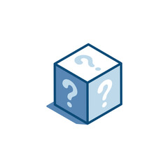 isometric vector box linear icon with question marks, in color on white background, mystery box