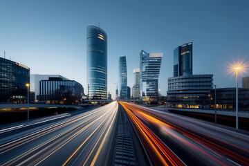 Dynamic Urban Nightscape with Skyscrapers and Light Trails, City Life, Traffic, Development