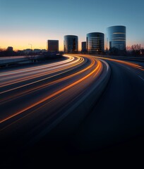 Dynamic Urban Nightscape with Skyscrapers and Light Trails, City Life, Traffic, Development