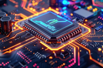 Futuristic technology background with abstract digital elements, circuit board patterns, and neon lights, ideal for tech-related projects