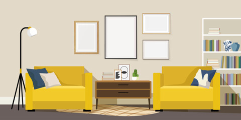 Interior with yellow armchairs, photo frames on the wall and table with accessories. Classic interior with picture layouts. Vector illustration.