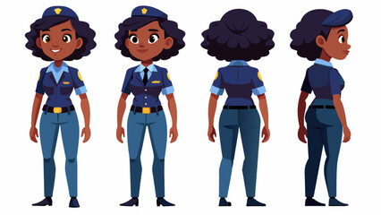 Fototapeta premium Professional Black Female Police Officer Character in Multiple Poses : Front, Side, Back Views 