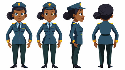 Professional Female Black Pilot Character in Multiple Poses: Front, Side, Back
