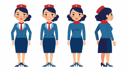 Fototapeta premium Professional Female Japanese Air Hostess Character in Multiple Poses: Front, Side, Back 