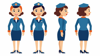 Fototapeta premium Professional Female Japanese Air Hostess Character in Multiple Poses: Front, Side, Back 
