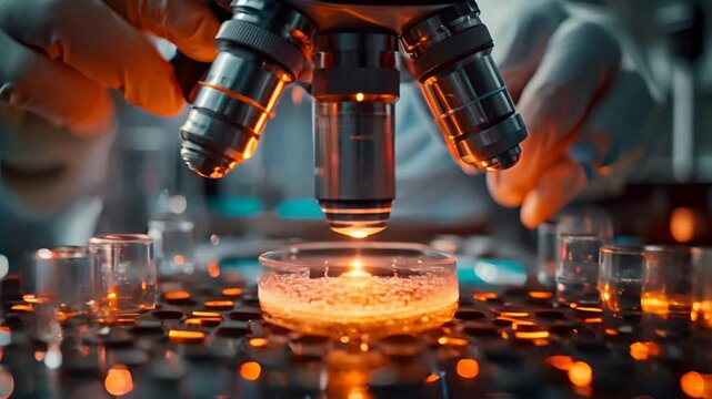extremely closeup shot of a futuristic microscope in a sterile futuristic lab room analyzing samples on a petri dish.generative ai