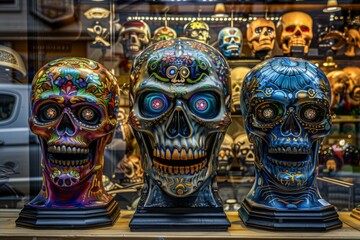 Vibrant Sugar Skulls on Display in a Shop Window