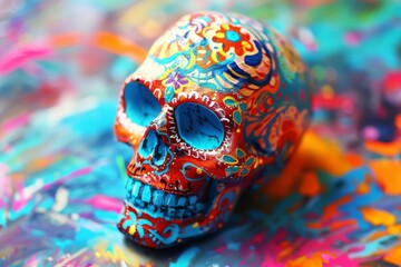A Vibrant Sugar Skull Decorated With Floral Patterns Rests On A Colorful Background