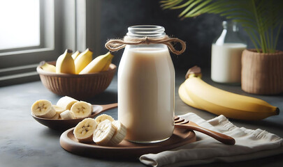 A glass bottle filled with a creamy banana smoothie, surrounded by sliced bananas, a whole banana bunch in a wicker basket, and a wooden bowl with more smoothie.