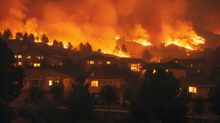 Fierce wildfire closing in on neighborhood, smoke billowing as flames draw near homes and trees.