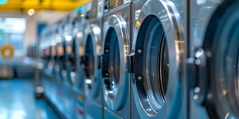 Industrial washing machines in a public laundromat. Concept Industrial Equipment, Public Spaces, Laundry Services, Business Operations, Appliance Usage