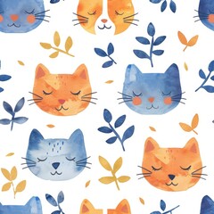 Cute watercolor cat faces seamless pattern. Adorable kitten background with blue and orange cats for kids fabric, textile, wallpaper