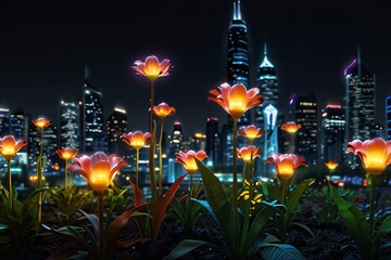 beautiful glowing flower plants growing on cities representing digital technology