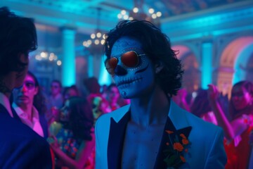 Obraz premium A Night of Enchantment: A Man With Skull Makeup Dances at a Neon-Lit Party