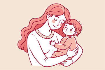 Mother and baby line art. Mom hugs child. Motherhood and newborn concept. Happy mother line vector illustration. Parent loving kid, happy mother day design for card