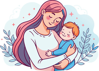 Mother and baby line art. Mom hugs child. Motherhood and newborn concept. Happy mother line vector illustration. Parent loving kid, happy mother day design for card