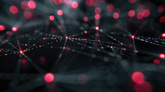 Digital map with interconnected red data points, highlighting global networking and communication technology.
