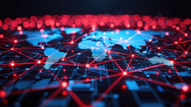 Digital map with interconnected red data points, highlighting global networking and communication technology.
