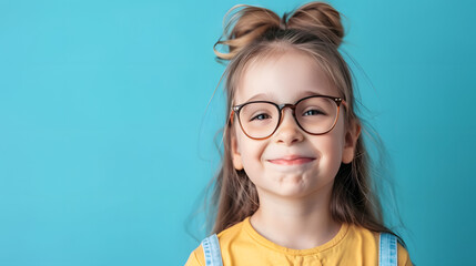 Obraz premium A cheerful young girl with glasses and a unique hairstyle, wearing a yellow shirt and denim overalls, smiling against a blue background. Ideal for themes of childhood, fashion, and joy.