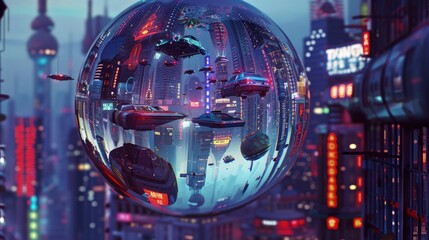 A crystal ball showcasing a vivid future scenario, depicting a bustling futuristic city with flying cars and towering skyscrapers lit by neon lights.