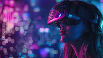 Young woman wearing VR glasses with futuristic world background