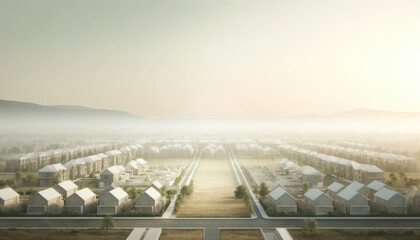 Aerial view of a serene residential neighborhood at sunrise with houses lined symmetrically and fog rolling over the horizon.