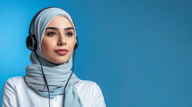 A Muslim woman wearing a hijab wears a headset on a blue background