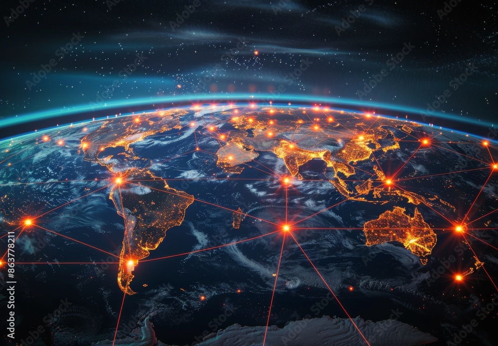Poster nighttime view of earth with interconnected red lines showing global network