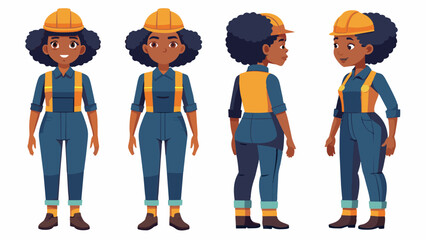 Naklejka premium Professional Black Female Construction Worker Character in Multiple Poses: Front, Side, Back 