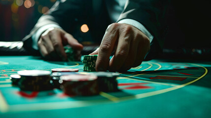 A close-up shot of a players hand placing a stack of chips on a roulette table. The green felt and the chips are in focus, while the players face is blurred