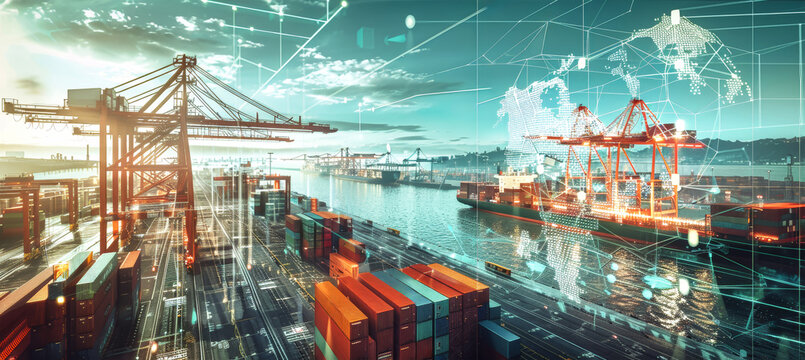 A cargo ship sails through a busy port, with a network of connections representing global trade routes overlaid on the image