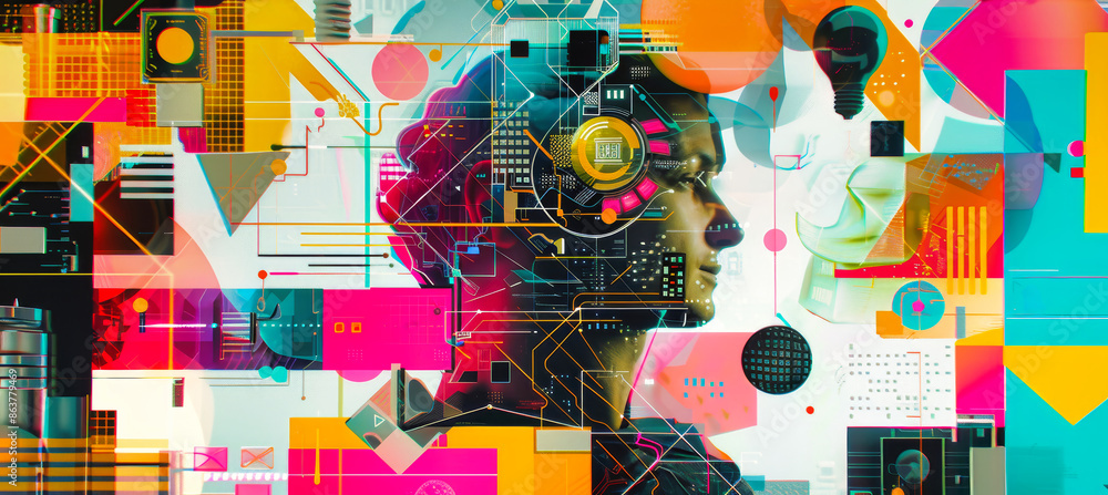 Poster a vibrant collage combines a human profile with circuit board patterns, representing the complexity 