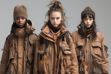 Fototapeta premium Icy Urban Nomad Fashion- Urban nomad fashion for youth adapted for cold weather, combining practicality with a rugged, adventurous look. Picture oversized parkas with multiple pock