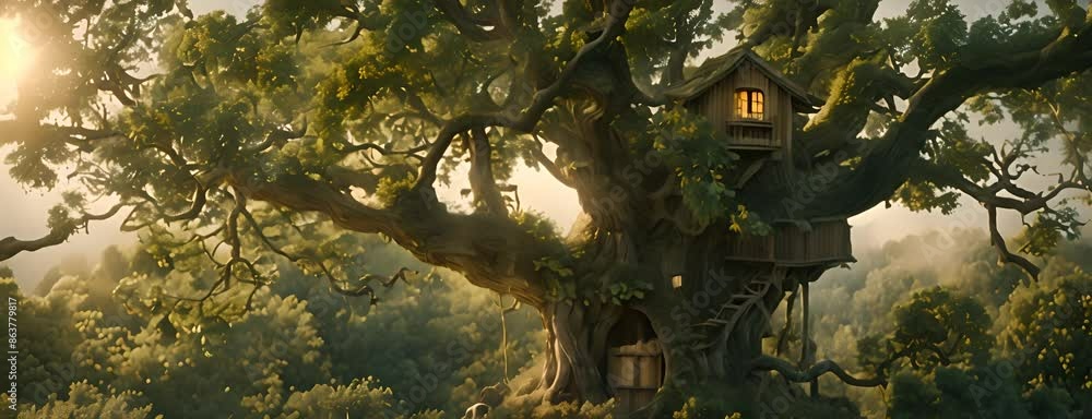 Poster Ancient oak tree with a hidden treehouse built into its branches, 4K hyperrealistic photo 4K Video