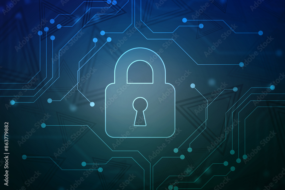Poster closed padlock on digital screen with flowing binary codes, cyber security and safety information, p