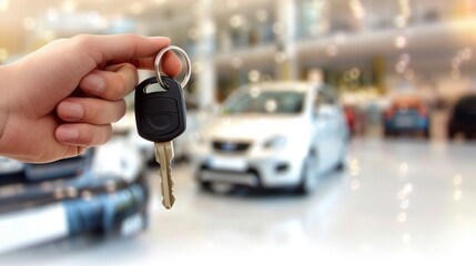 A hand holding a car key on the left side of the picture blurred background