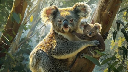 Fototapeta premium A koala mother and her cub perched on a tree branch in a lush, green forest, showcasing the beauty of Australian wildlife.