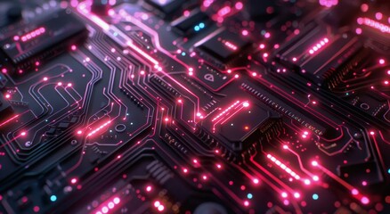 Fototapeta premium Closeup of a Glowing Circuit Board With Red and Orange LEDs