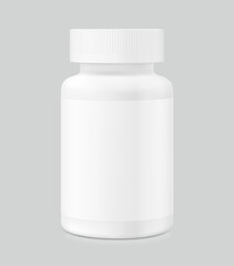 Plastic bottle jar mockup for chews treats, gummy, additives. Vector illustration isolated on grey background. Can be use for template your design, presentation, promo, ad. EPS10.