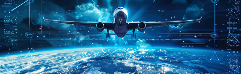 A futuristic airplane flies above a digital representation of Earth, with glowing lines and data streams surrounding it