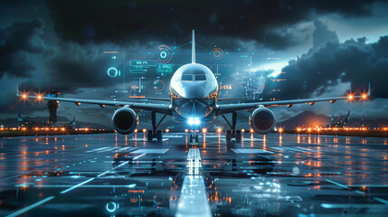 A sleek, modern airplane sits on a futuristic runway, bathed in the soft glow of digital displays