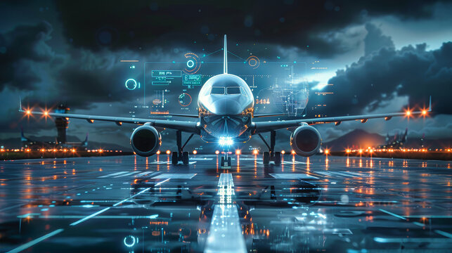 A sleek, modern airplane sits on a futuristic runway, bathed in the soft glow of digital displays